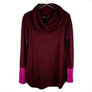 Prana Rochelle Wool Blend Cowl Neck Sweater Color Block Burgundy Pink MEDIUM